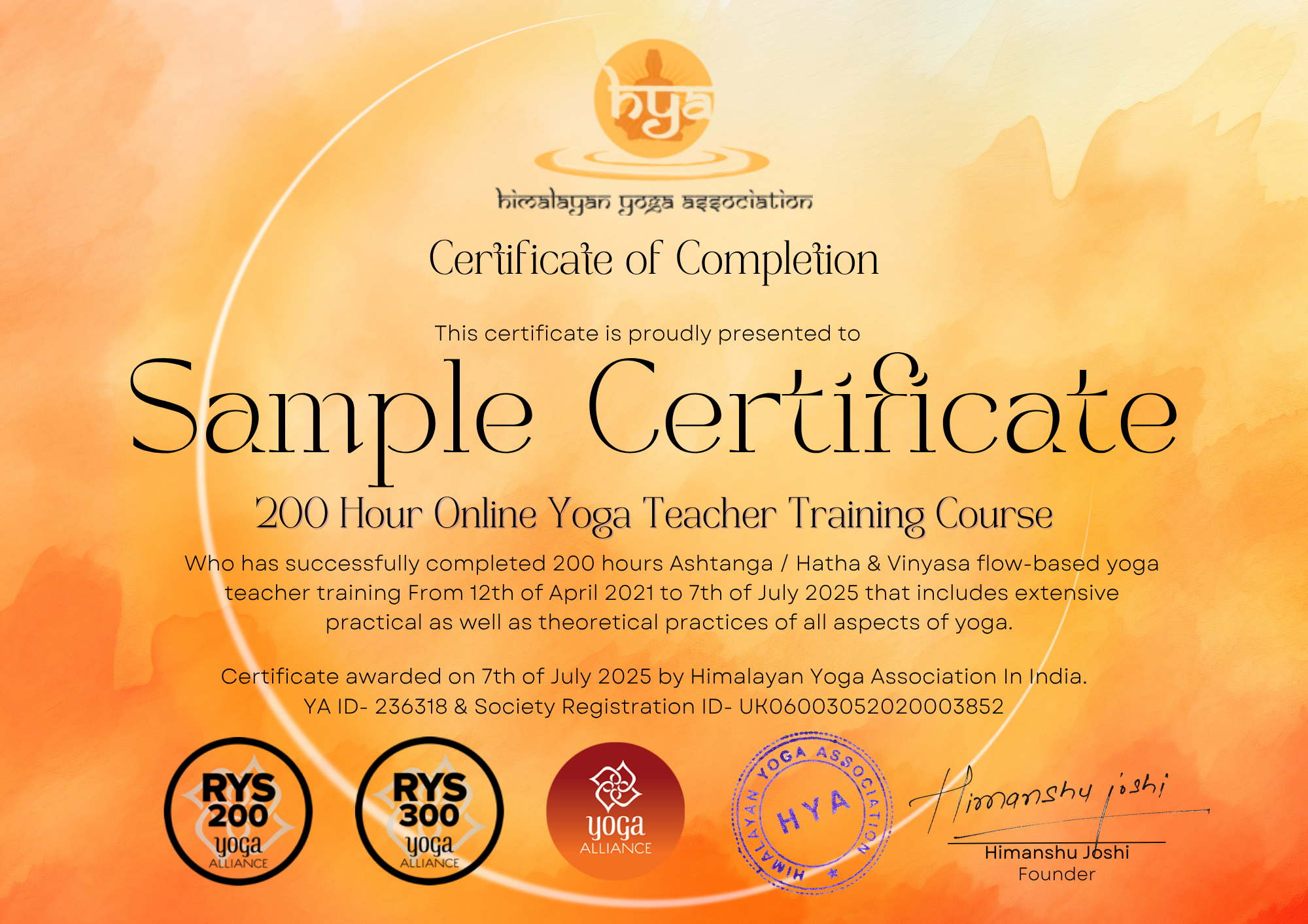 200 Hour Online Yoga Teacher Training Course Certificate _ Himalayan Yoga Association