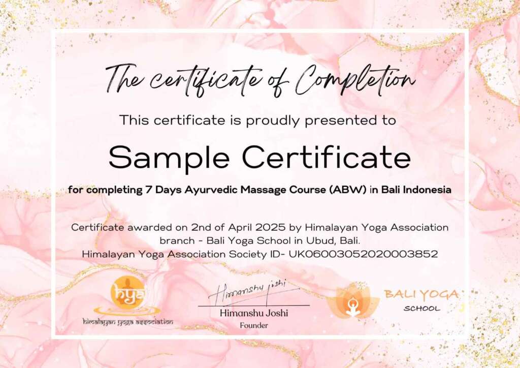 Bali 7 Days Ayurveda course certificate Bali 7 Days Ayurveda course certificate