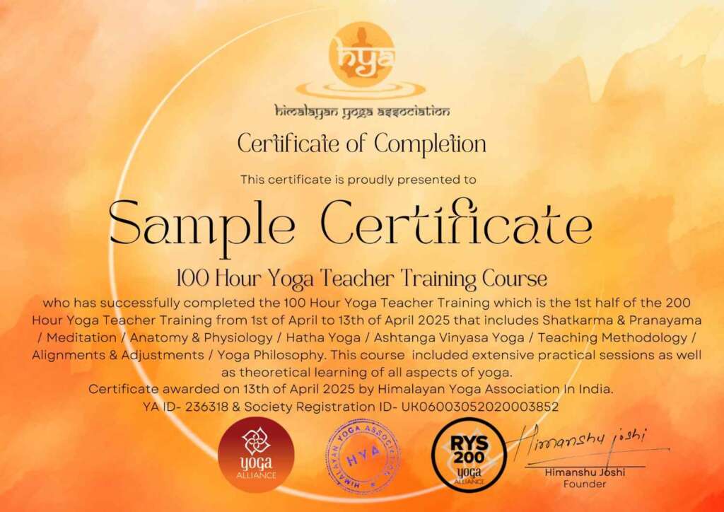 100 hour yoga teacher training certificate Himalayan Yoga Associatioin in Rishikesh India 100 hour yoga teacher training certificate Himalayan Yoga Associatioin in Rishikesh India