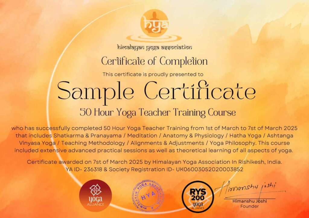 50 hour yoga teacher training in Rishikesh India certificate